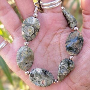 Stunning genuine large rhyolite jasper stone 925 sterling silver bracelet
